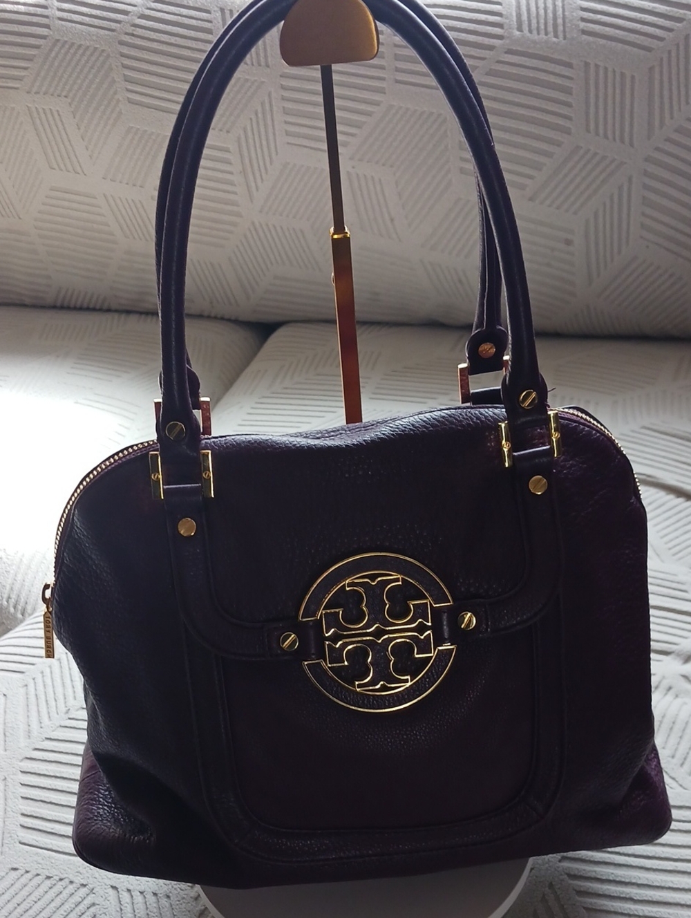 Tory Burch Purple Leather Double-Handle Satchel with Gold Logo & Original Dusty